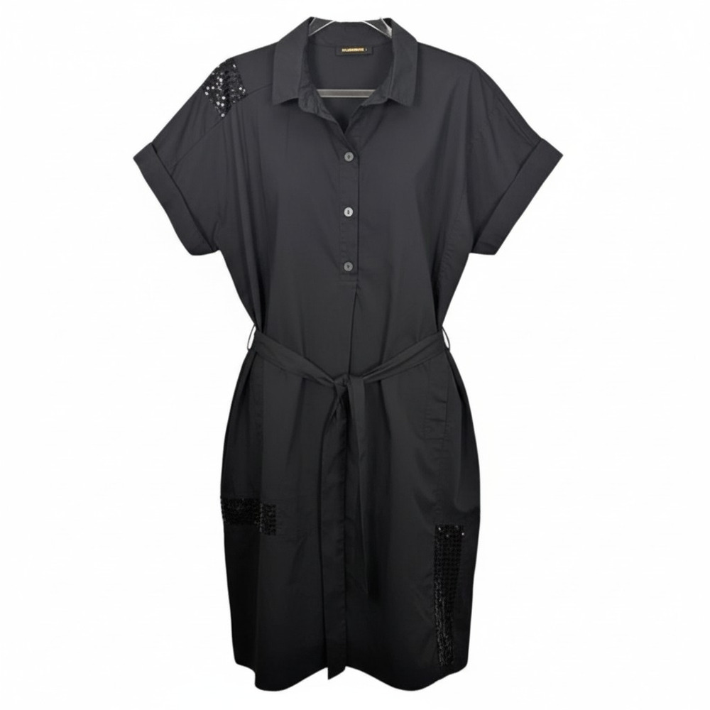 Alembika Black Shirt Dress Midi Sequins Short Sleeve Lagenlook Size L